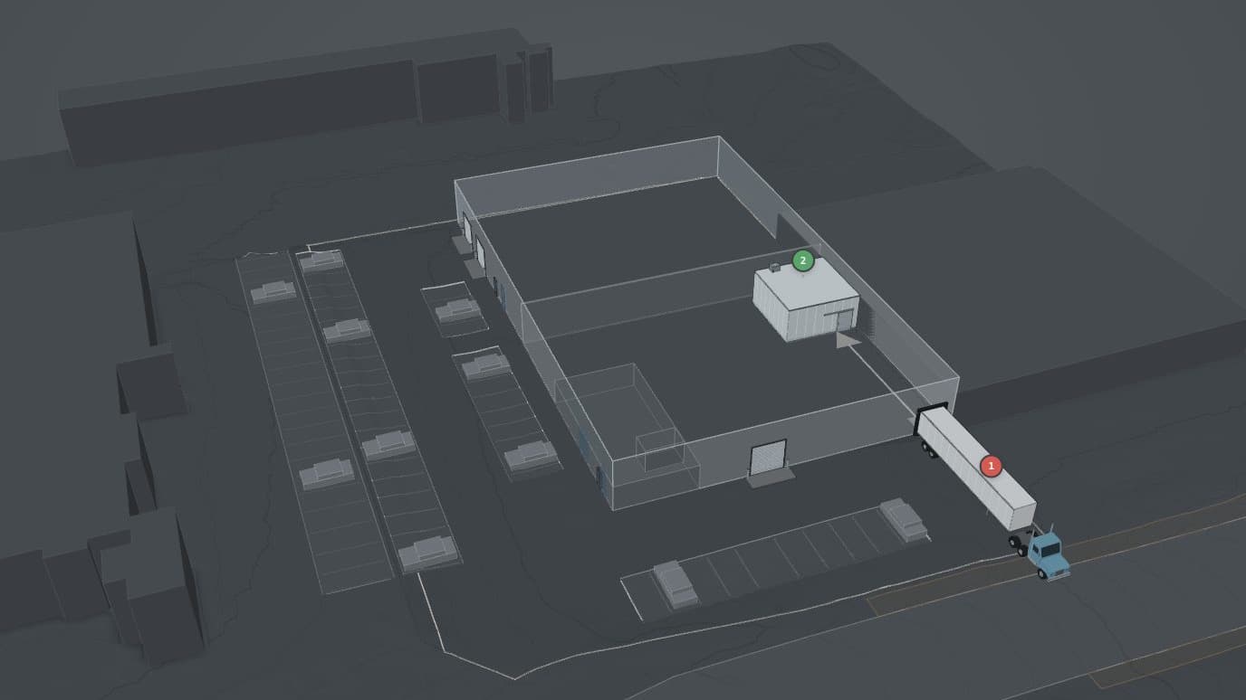 The 3D model seen from the northwest. The building is split into two halves, 525 on the west (nearer) and 519 on the east. A white walk-in cooler box sits in the southeast corner of 525. Rows of parking stalls with a few cars run along the north side and along W Terrace Dr, and a 53 ft tractor-trailer is backed onto the west dock, sticking out toward W Terrace Dr with its cab across the sidewalk and its nose in the street.