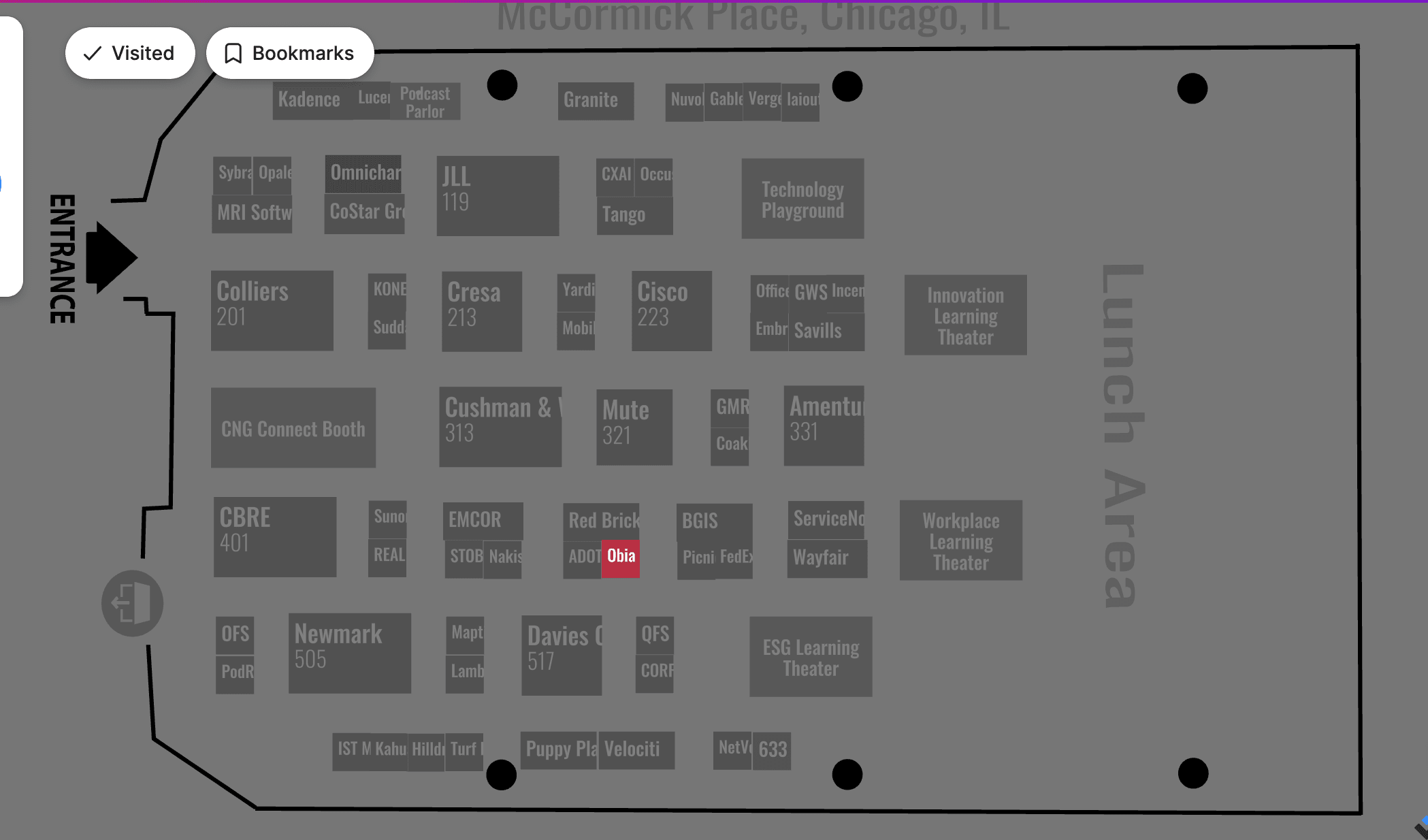 Exhibition floor plan with Obia highlighted near the center-left of the hall. The entrance is on the left.