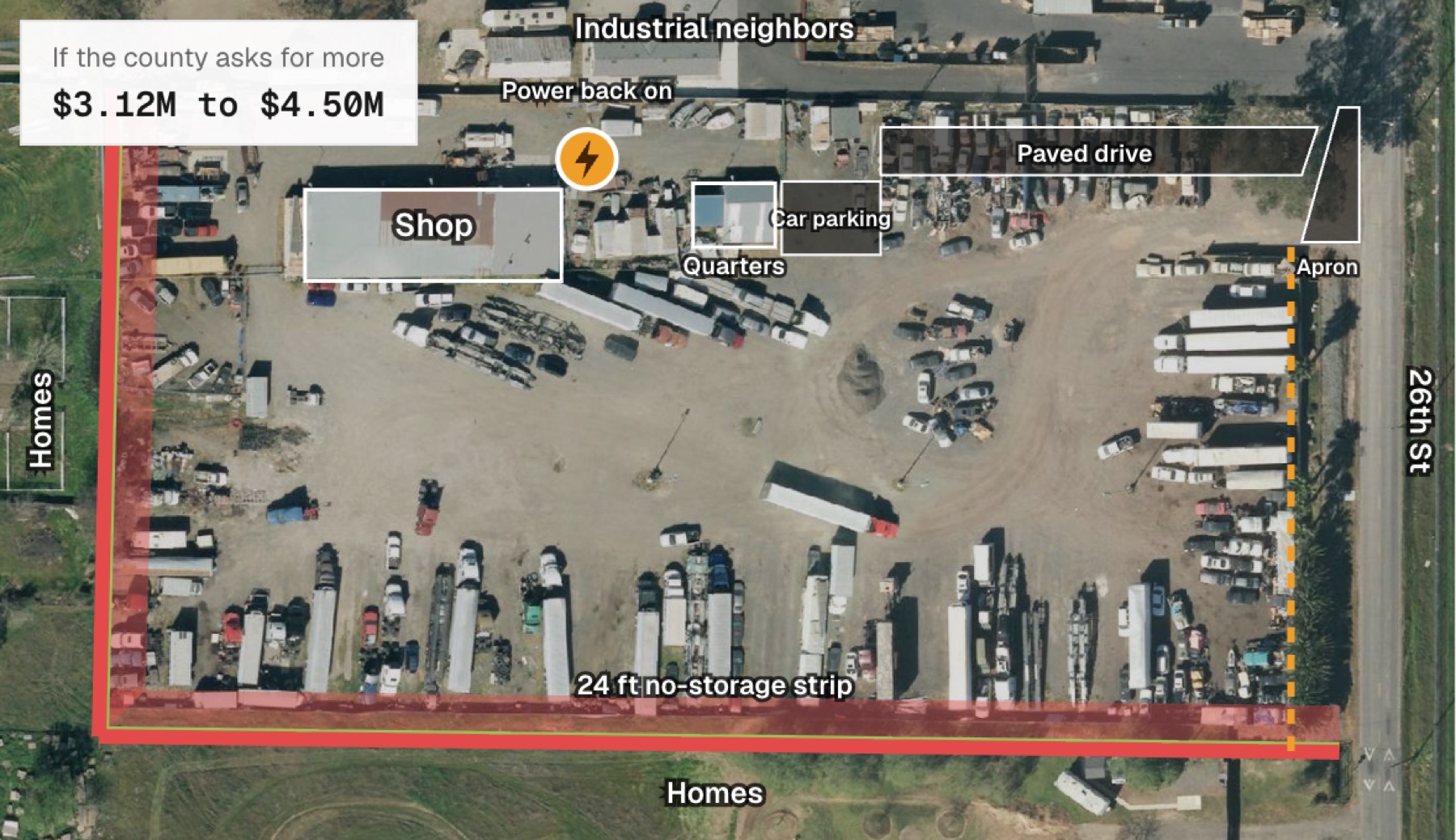 The yard with the full site package drawn on: a masonry wall on the south and west lines, a 24 ft no-storage strip inside it, and a paved drive from the gate